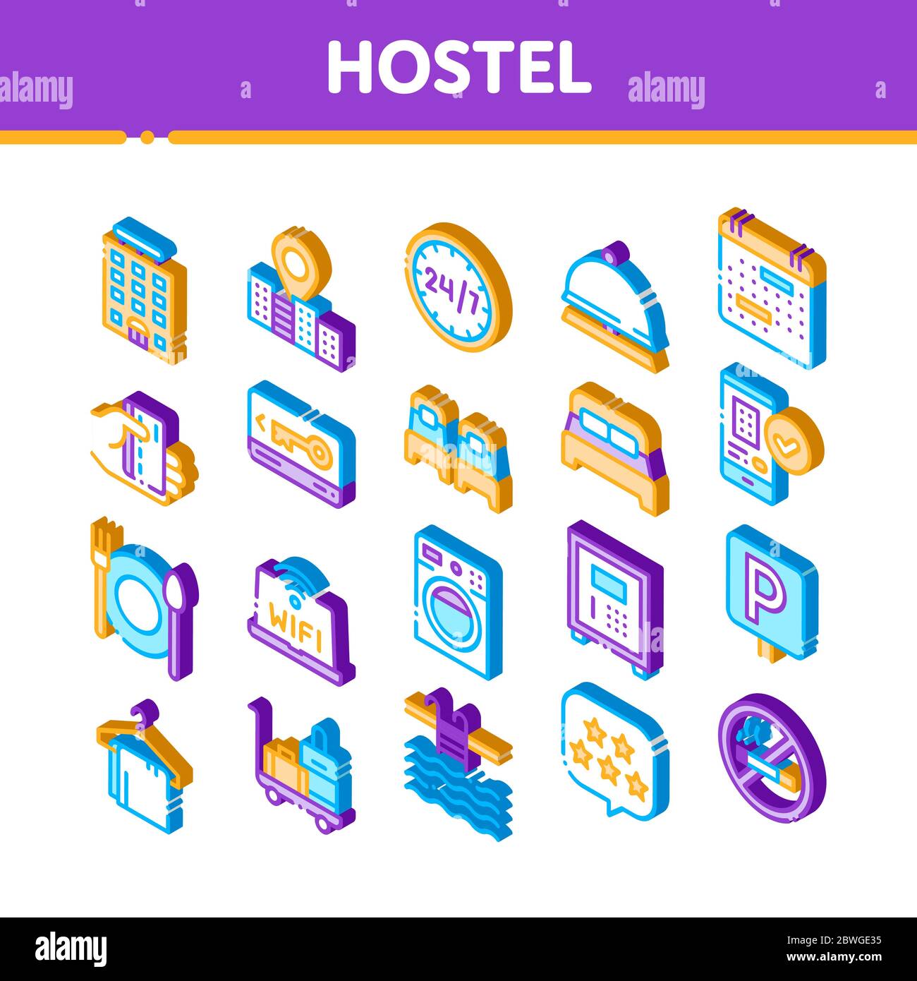 Hostel Isometric Vector Sign Icons Set Stock Vector