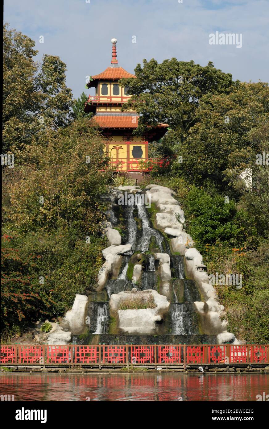 The Pagoda in Peasholm Park with a waterfall in the foreground. Scarborough Yorkshire England UK Stock Photo