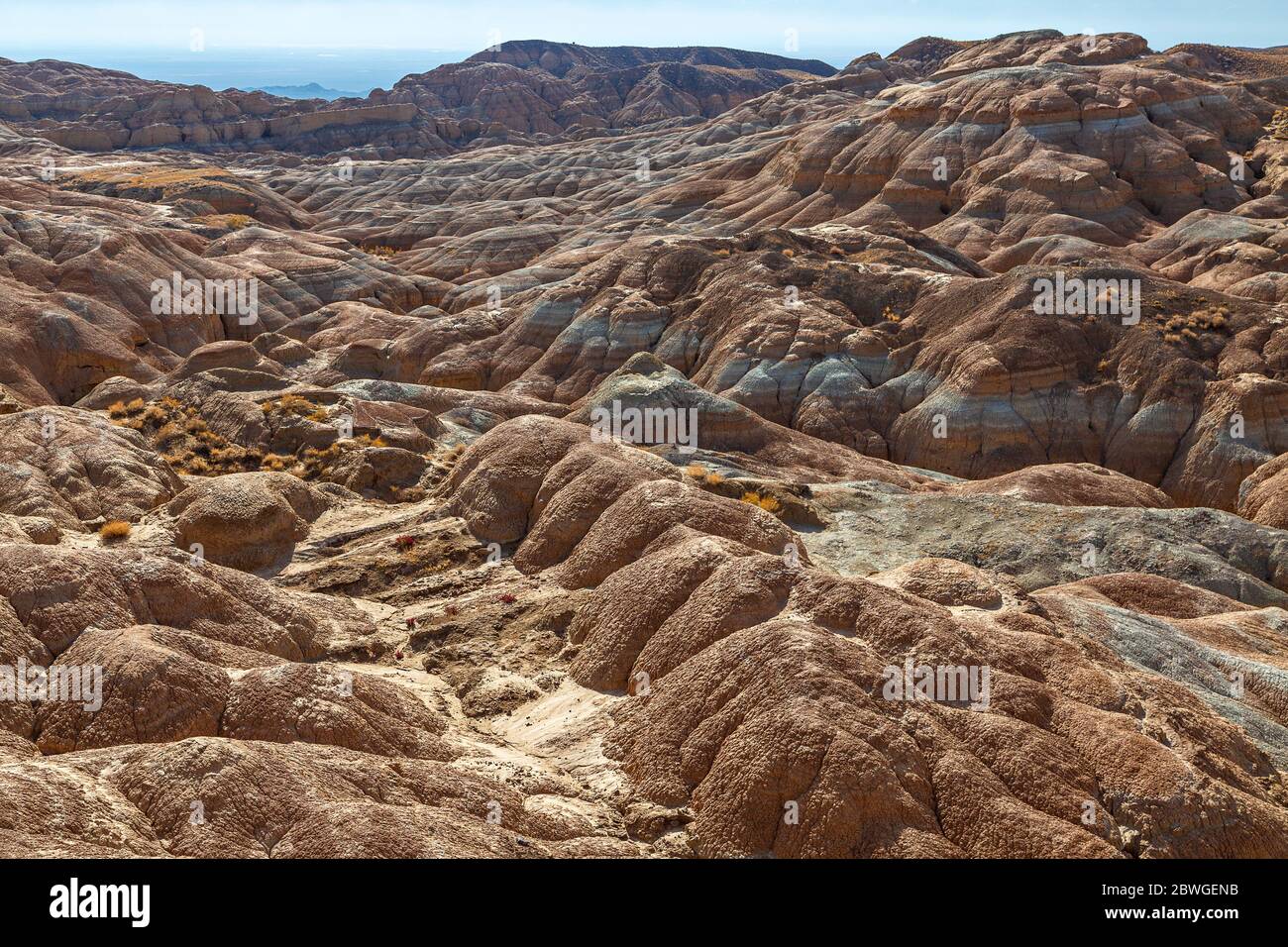 Extreme terrain and geological formations in the Aktau Mountains area known also as White Mountains, in Kazakhstan Stock Photo