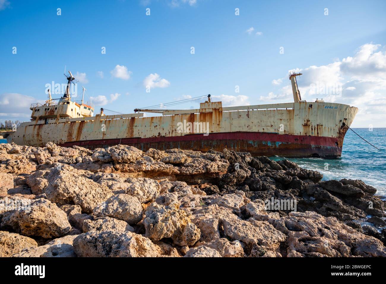 Shipwreck of the Edro III on the mediterranean coast of Cyprus close to Coral Bay and Paphos Stock Photo