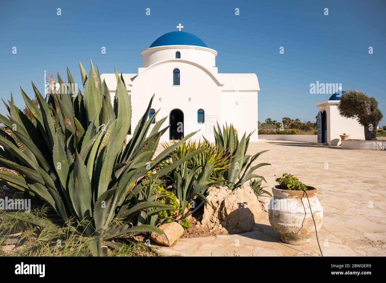 St Nicholas Greek Orthodox church on the Mediterranean coast of Geroskipou, Pahos, Cyprus Stock Photo
