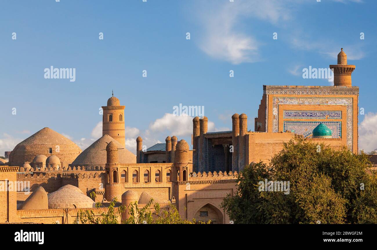 View over the skyline of the ancient city of Khiva at the sunset, Uzbekistan. Stock Photo