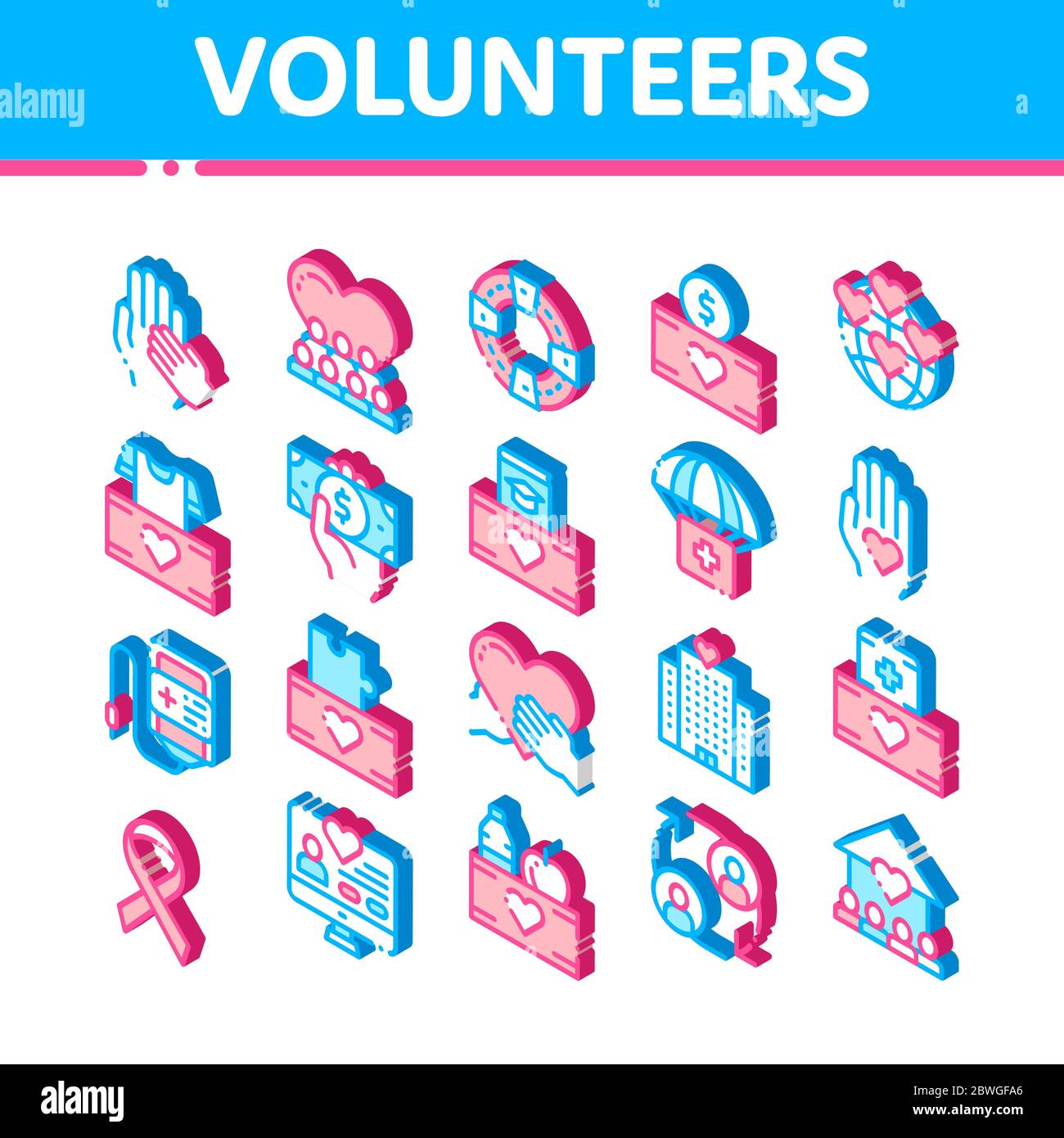 Volunteers Support Vector Isometric Icons Set Stock Vector