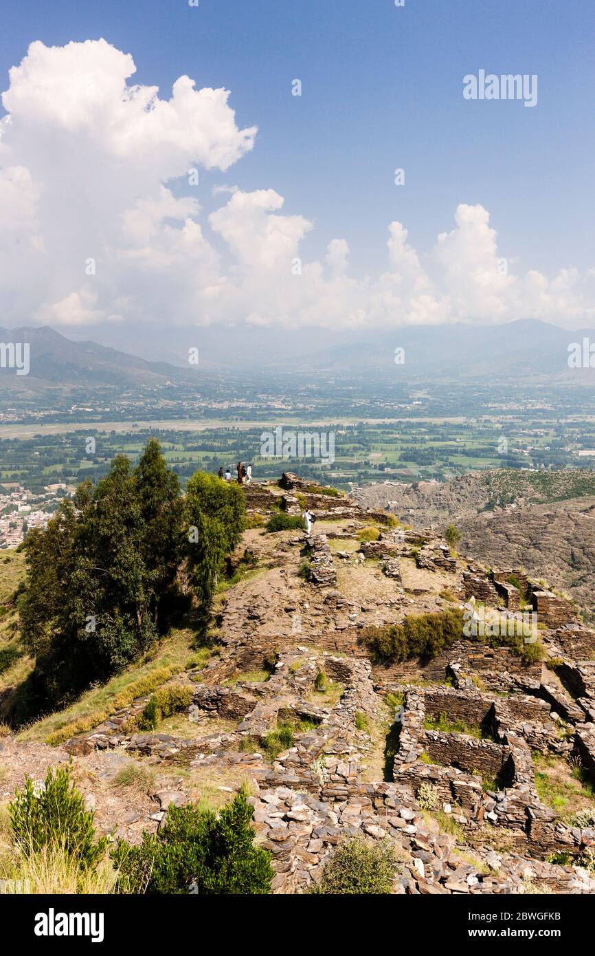 Ancient fort Raja-Gera, Raja-Geera, on hidden hilltop, and view of Swat valley, Swat, Khyber Pakhtunkhwa Province, Pakistan, South Asia, Asia Stock Photo