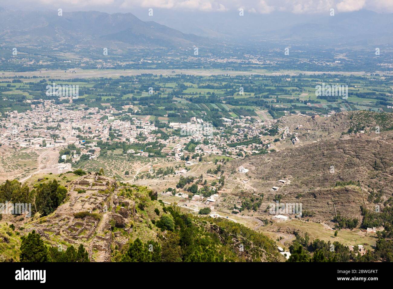 Ancient fort Raja-Gera, Raja-Geera, on hidden hilltop, and view of Swat valley, Swat, Khyber Pakhtunkhwa Province, Pakistan, South Asia, Asia Stock Photo