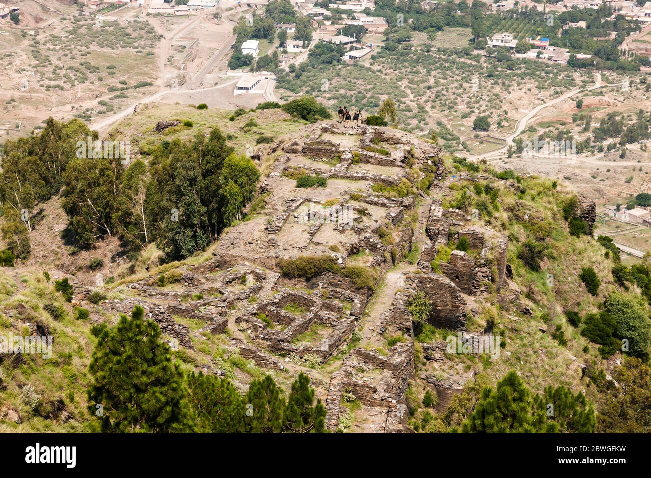 Ancient fort Raja-Gera, Raja-Geera, on hidden hilltop, and view of Swat valley, Swat, Khyber Pakhtunkhwa Province, Pakistan, South Asia, Asia Stock Photo