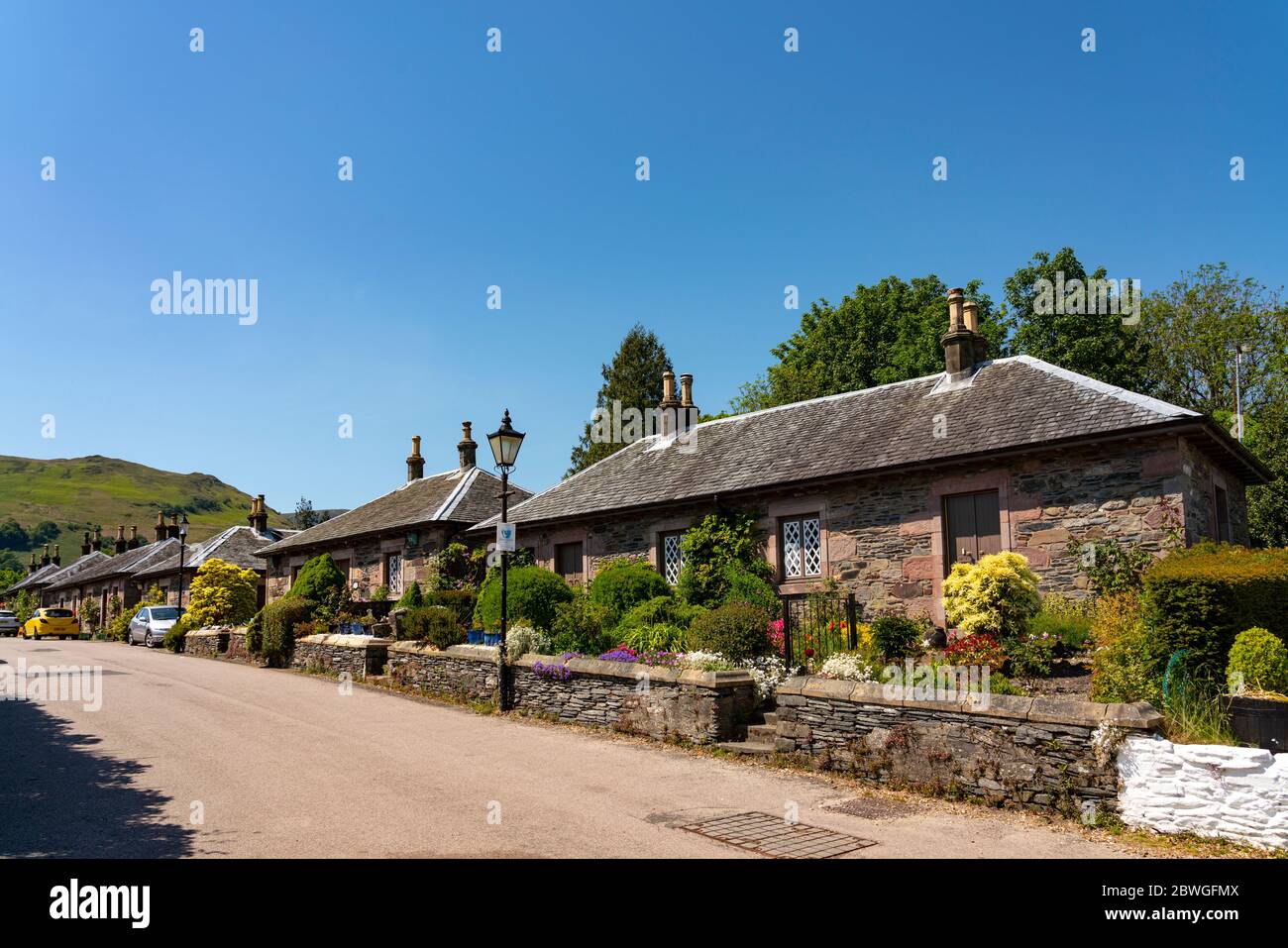 View of cottages in village of Luss beside Loch Lomond in Argyll and Bute, Scotland, UK Stock Photo