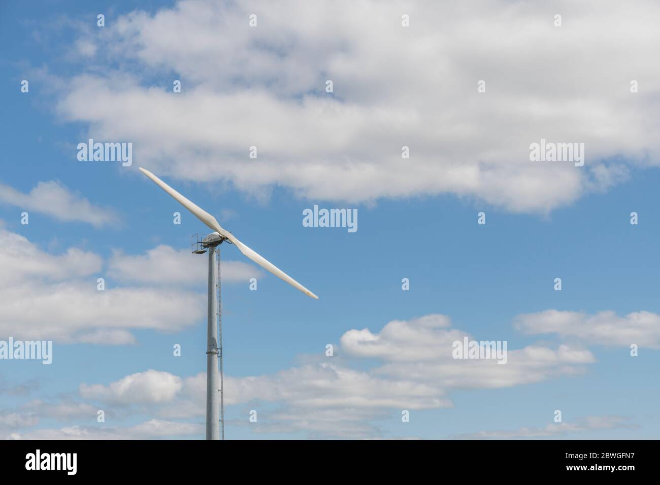 Smallish, field-based, wind turbine / wind generator and sunny blue summer sky with fluffy clouds. UK landscape with wind turbine clean power. Stock Photo