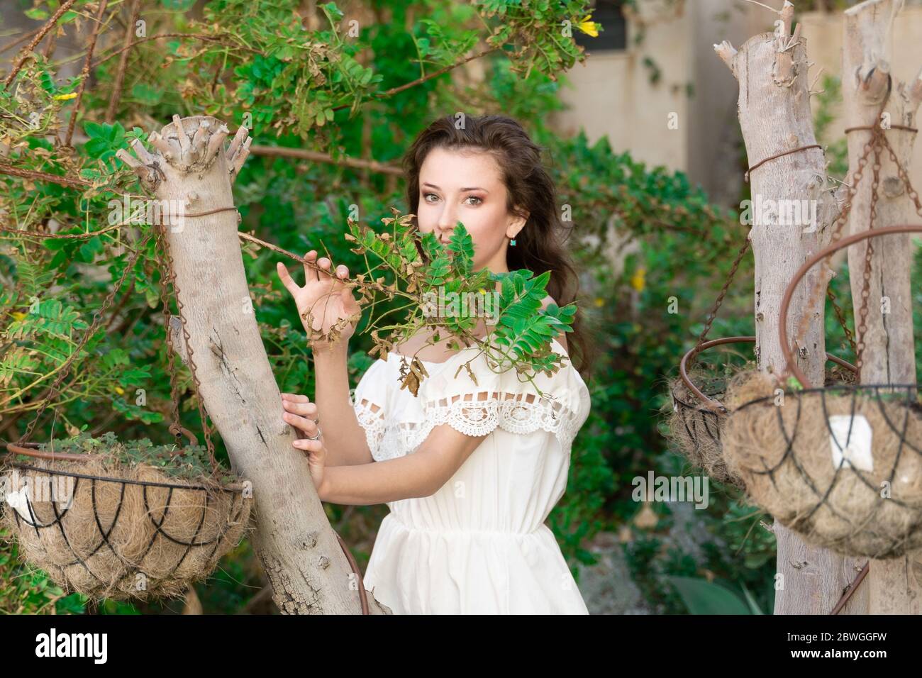 Summer beautiful girl in a white dress between green plants Stock Photo ...