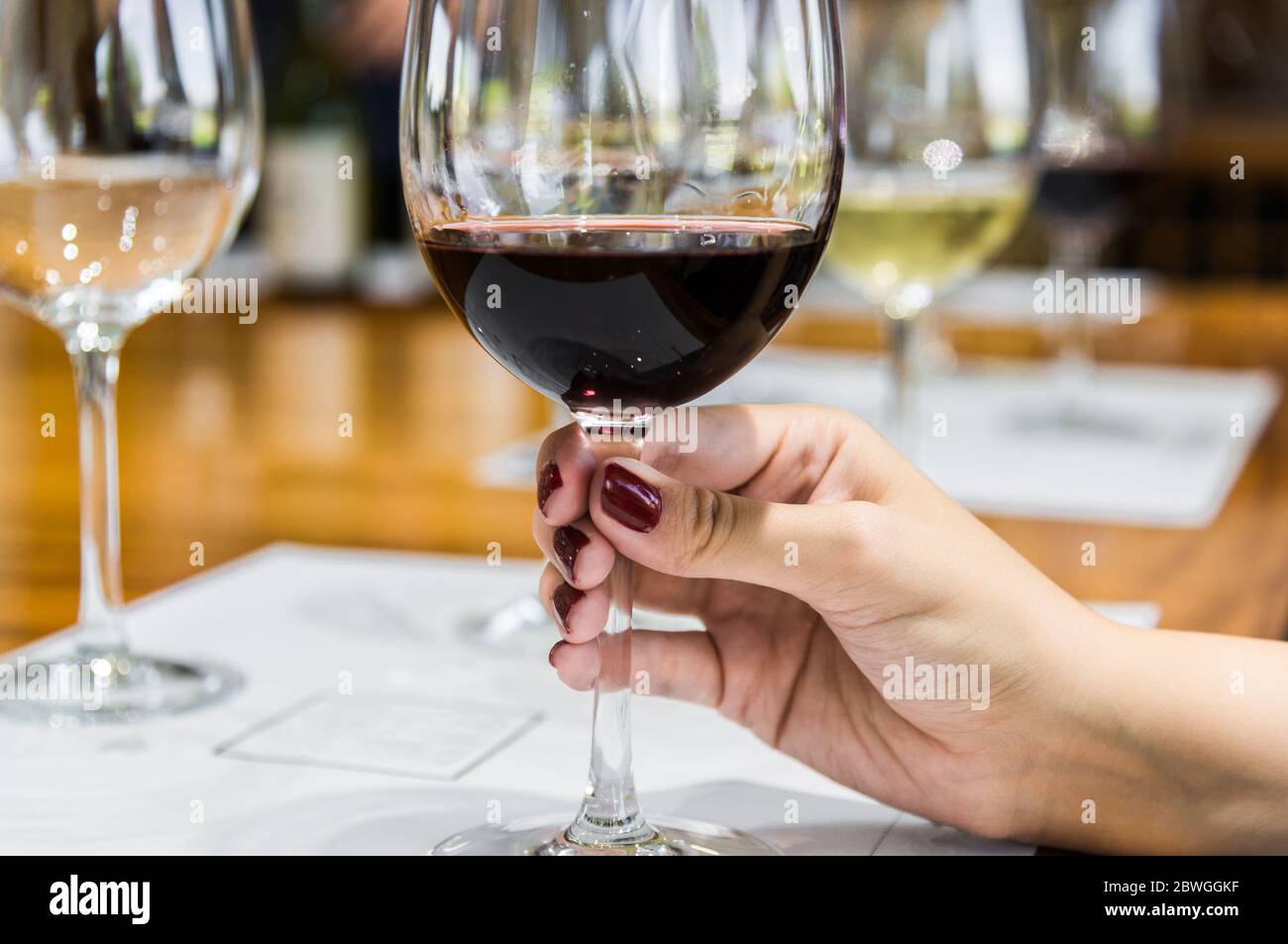 A young woman holding a wine glass with red wine. Stock Photo