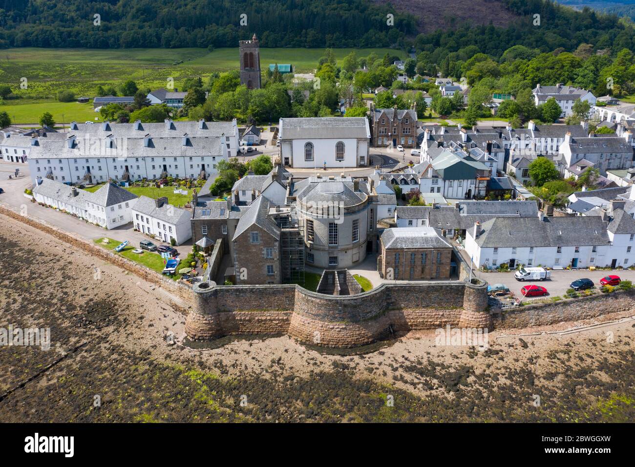 Aerial view of Inveraray Jail museum in Inveraray beside Loch Fyne in Argyll and Bute, Scotland, UK Stock Photo