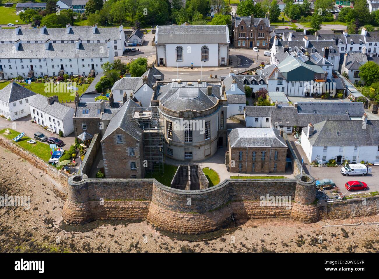 Aerial view of Inveraray Jail museum in Inveraray beside Loch Fyne in Argyll and Bute, Scotland, UK Stock Photo