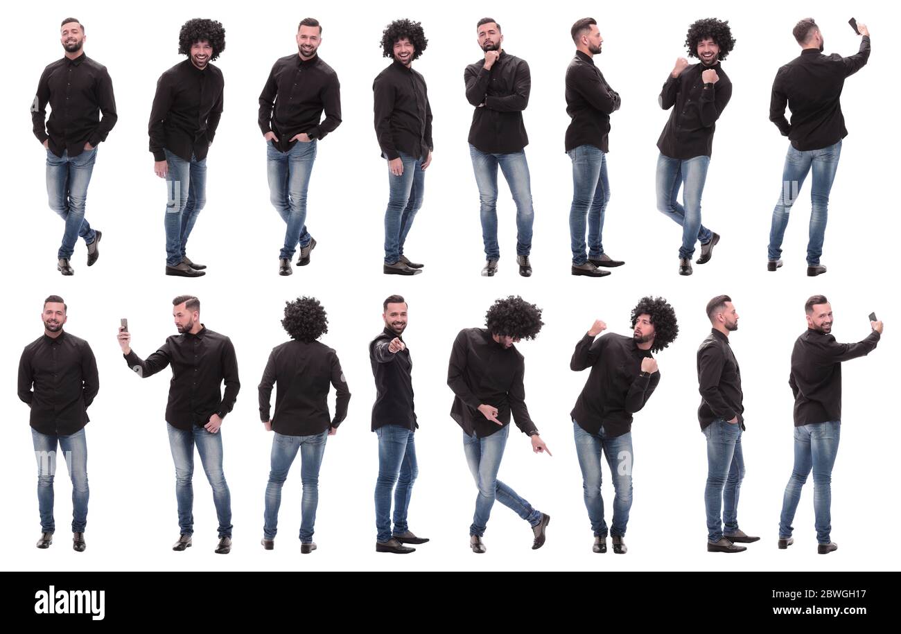 collage of photos of a cheerful young man in jeans Stock Photo - Alamy