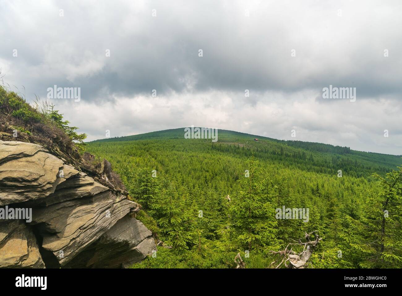 Orlik hill from trail bellow Medvedi vrch hill in Jeseniky mountains in Czech republic during cloudy day Stock Photo