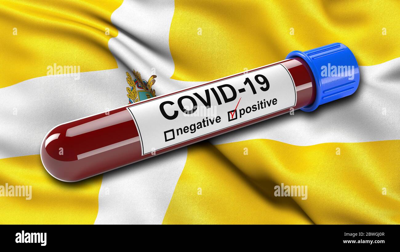 Flag of Stavropol Krai waving in the wind with a positive Covid-19 blood test tube. Stock Photo