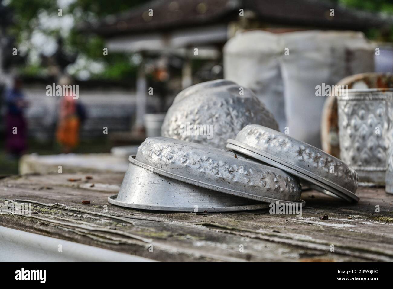 Tableware for offerings close up in a temple in Bali, Indonesia Stock
