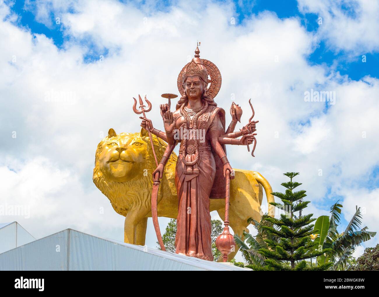 The highest statue of the Goddess Durga in the world in sacred Ganga Talao - Grand bassin crater lake, Mauritius island Stock Photo