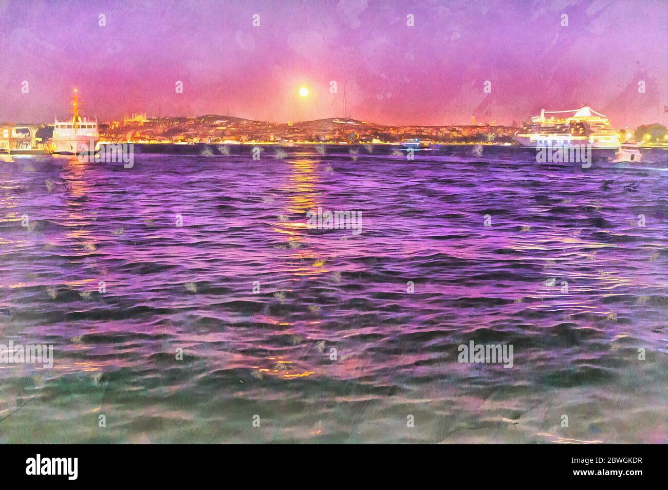 Sunset view of Bosphorus colorful painting, Istanbul, Turkey Stock ...