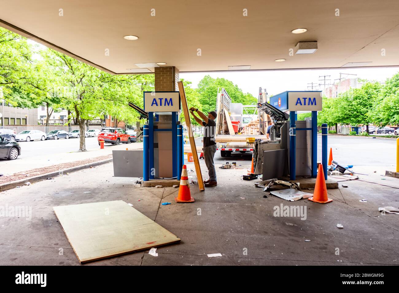 Business damage on the Southside of Chicago, from riots that took place after the death of George Floyd by a Minneapolis police officer in 2020. Stock Photo