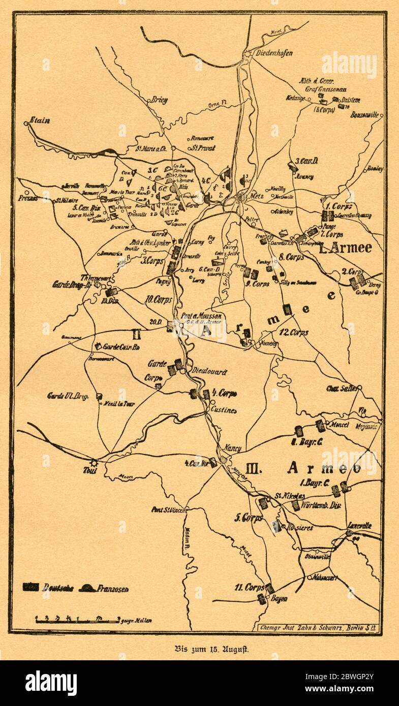 Europa, Deutschland, Frankreich, Deutsch-Französischer Krieg, Metz, deutsche und französische Stellungen,  Motiv aus :  Der Krieg zwischen Frankreich und Deutschland in den Jahren 1870-1871 ' , von J. Scheibert, Verlag von W. Pauli´s Nachfolger ( H. Jerosch ) , Berlin , 1895 .  /  Europe, Germany, France, Metz , Franco-Prussian  War,  French und German positions ,  image from : ' Der Krieg zwischen Frankreich und Deutschland in den Jahren 1870-1871 ' ( the war between France and Prussian 1870-1871 ) , by J. Scheibert, publishing house W. Pauli´s successsor ( H. Jerosch ) , Berlin, 1895 . Stock Photo