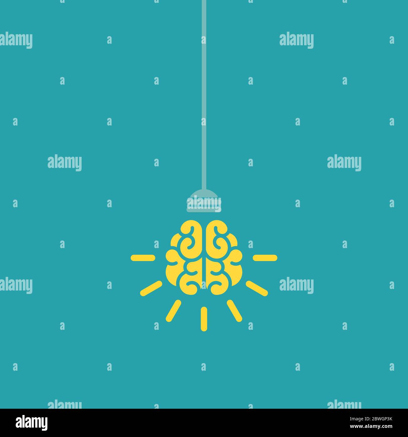 Yellow bulb with brain and rays on nlue background. New idea, intellect sign. smart, clever, creative symbol. Vector illustration. Knowledge, solution Stock Vector
