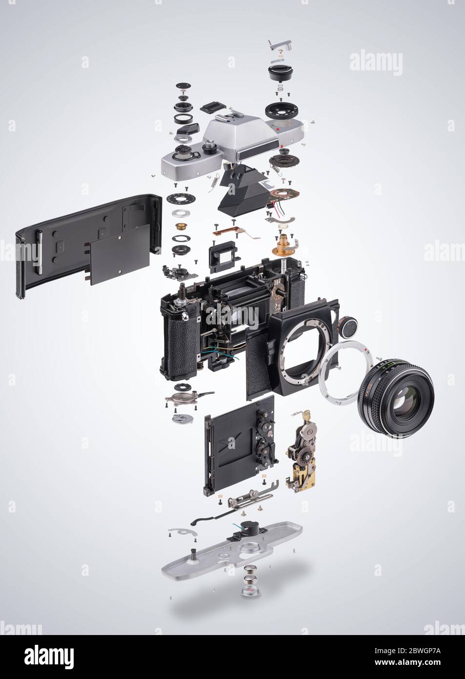 Assembly diagram of retro film SLR photo camera Stock Photo