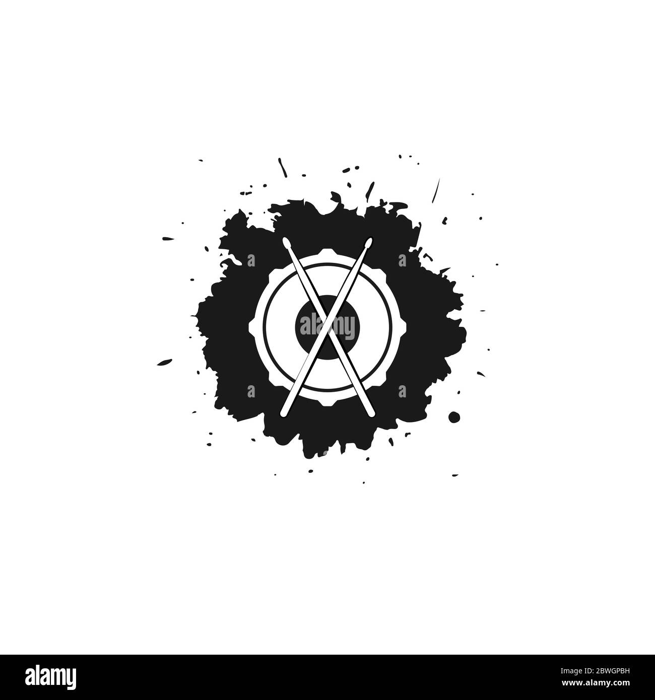 Vector logo of rock school or rock band. Snare drum with drumsticks and