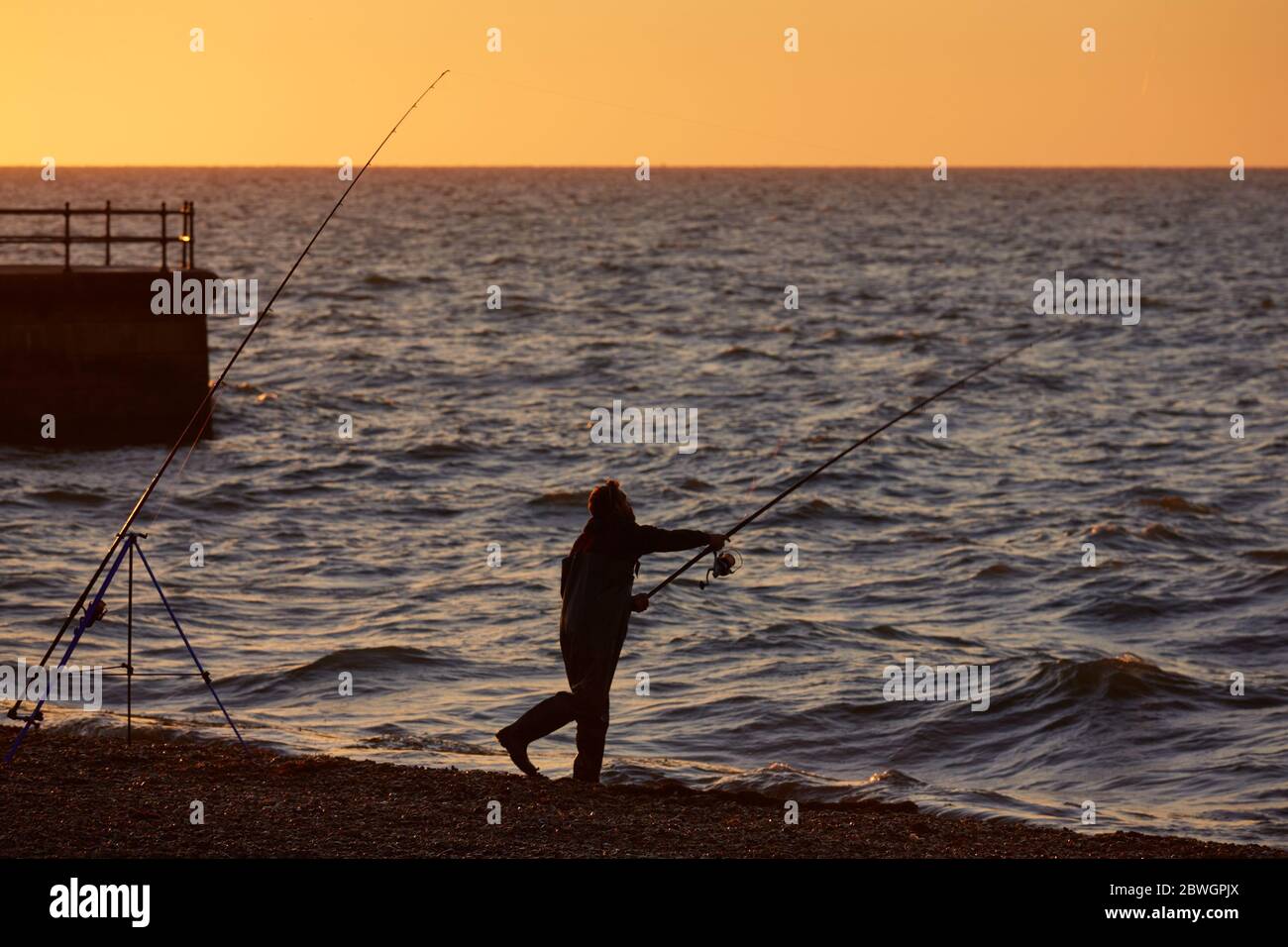 Hampton Pier, Herne Bay, Kent, UK. 1st June 2020: UK Weather. Sunset at Hampton pier as anglers take advantage of the relaxed lockdown rules and the good weather to indulge in some fishing as the tide comes in. Credit: Alan Payton/Alamy Live News Stock Photo