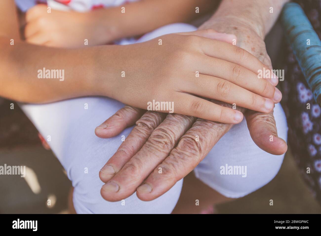 Family love, two generations, friendship, Child's hand, protecting, and senior old grandmother hands join together Stock Photo