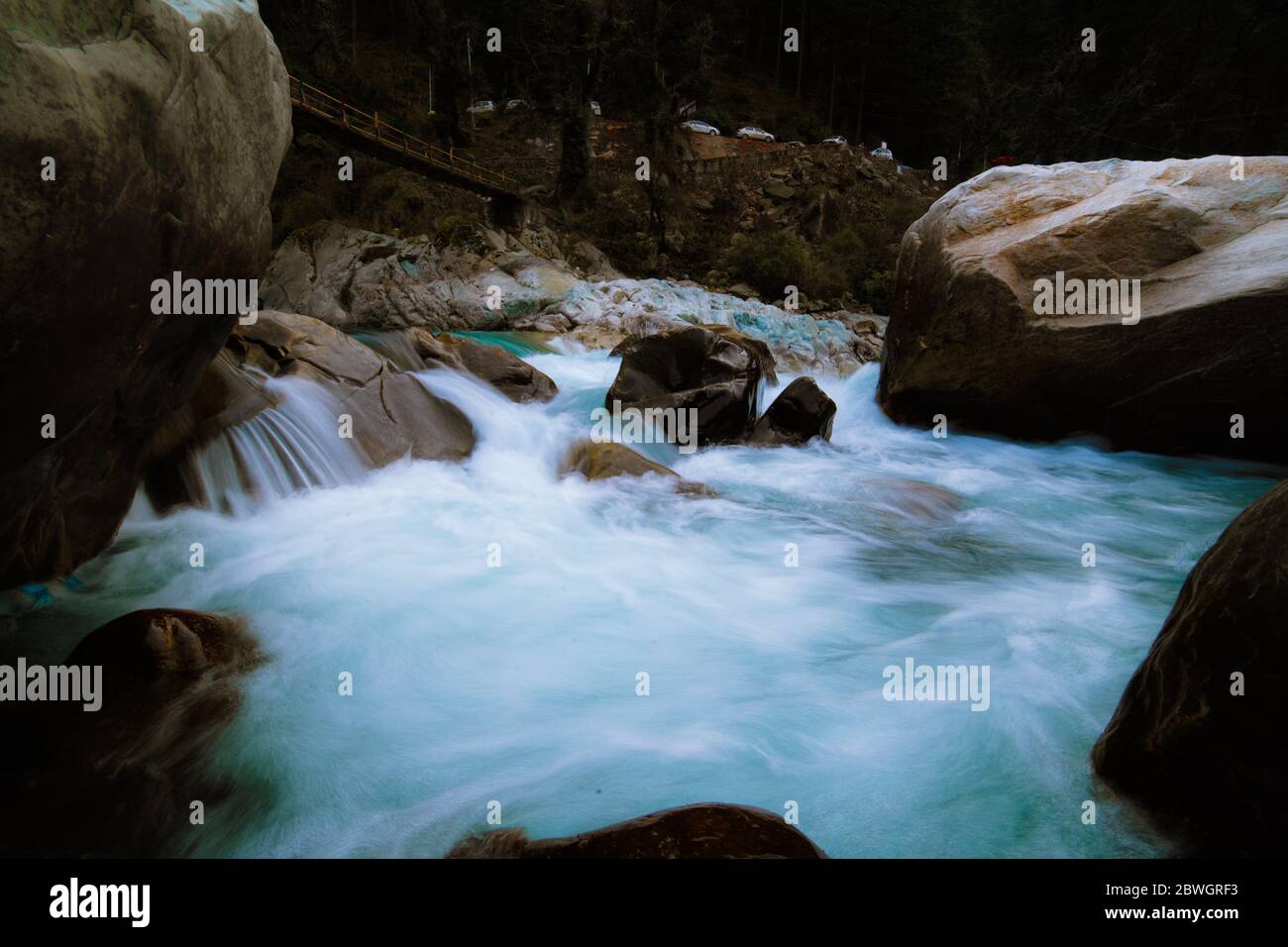 A scenic view of Parvati river, Kasol,Himachal Pradesh Stock Photo