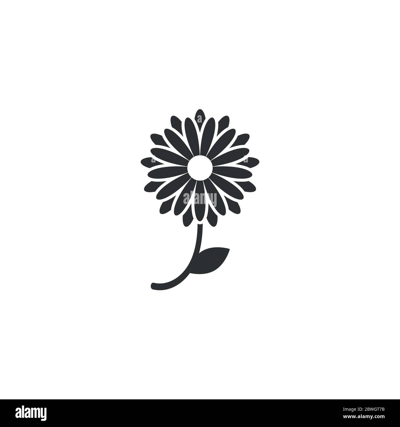 Black flat icon of chrysanthemum flower with curved sprig and leaf. Big Bloom with big oval petals and white core. Isolated on white. Vector illustrat Stock Vector