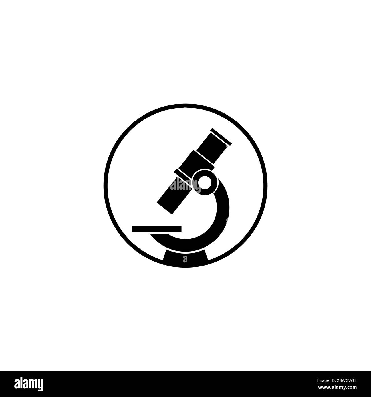 Microscope silhouette in circle. Flat vector illustration isolated on white. Lab, test, expertise. Science, chemistry, biology. Approved verified quat Stock Vector