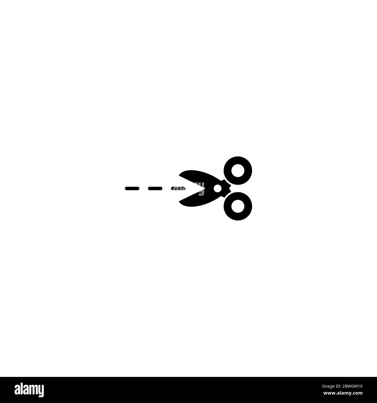 Black open scissors with stitch line icon isolated on white. Cut sign ...