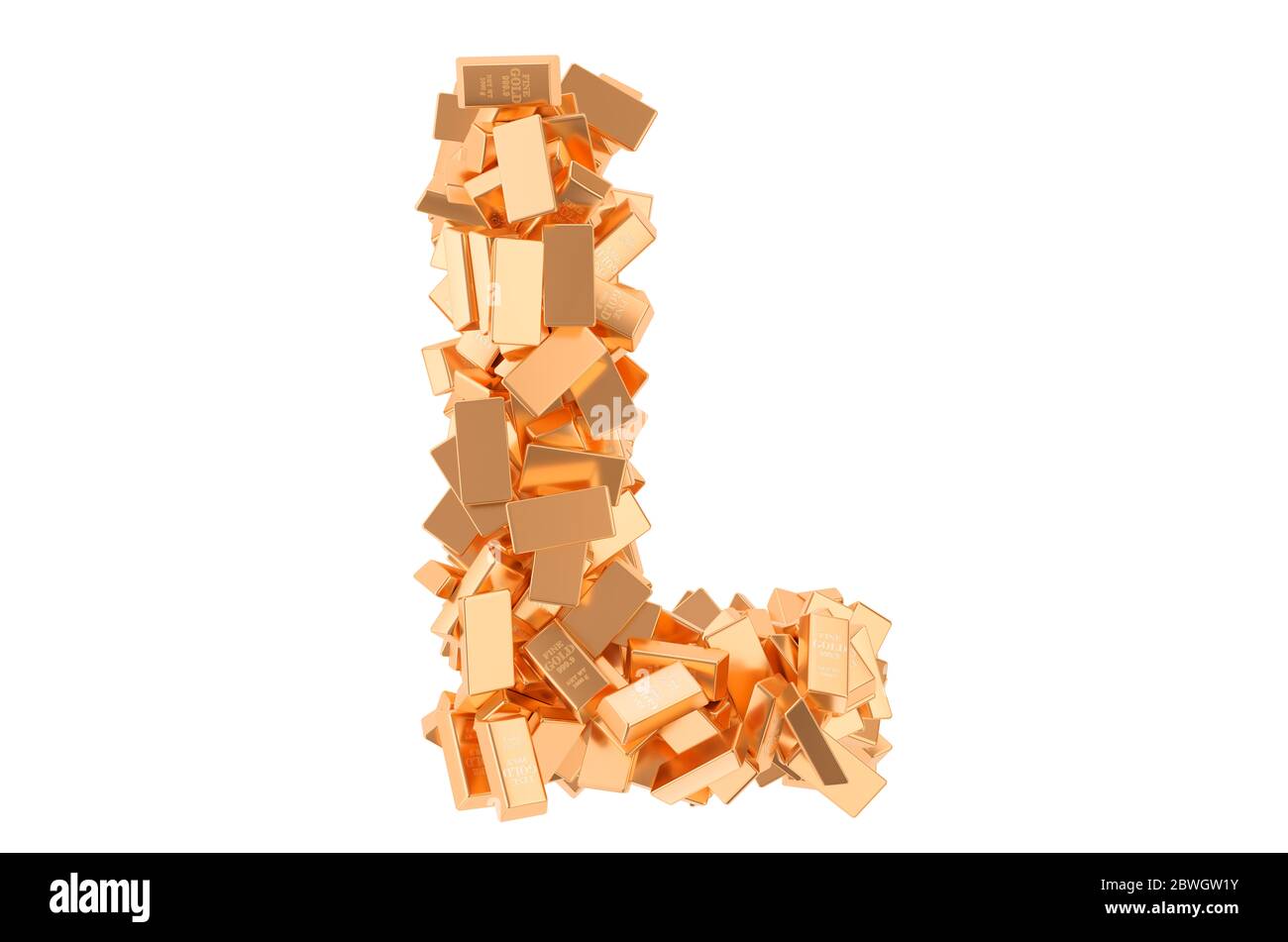 Letter L, from golden ingots. 3D rendering isolated on white background ...