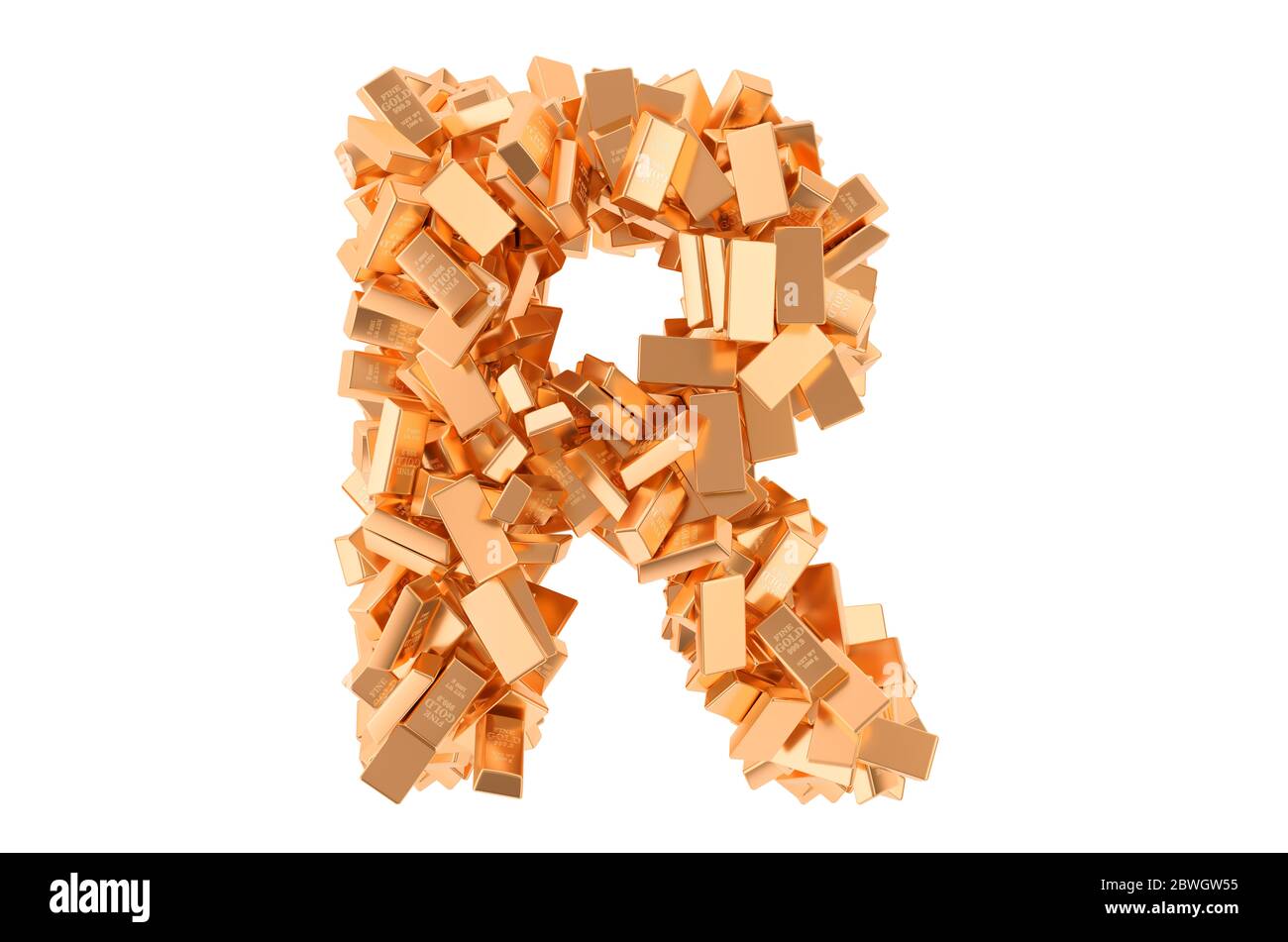 Letter R, from golden ingots. 3D rendering isolated on white background ...
