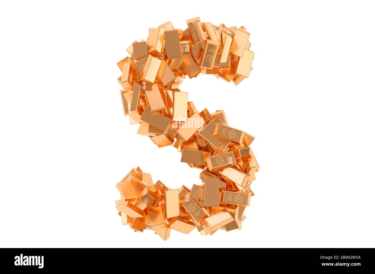 Letter S, from golden ingots. 3D rendering isolated on white background Stock Photo