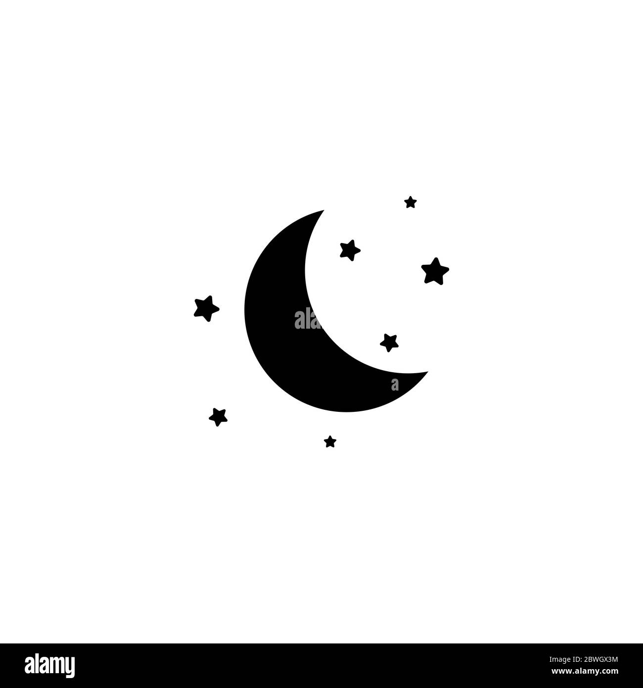 Black half moon and stars isolated on white. Night, sky, dream, sleep