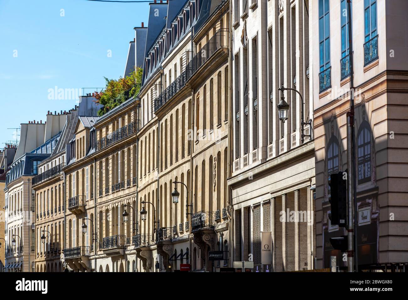 Paris, France - May 29, 2020: Attractive facades with geometry of the windows, charming typical building in Paris (Rue de Rivoli) Stock Photo