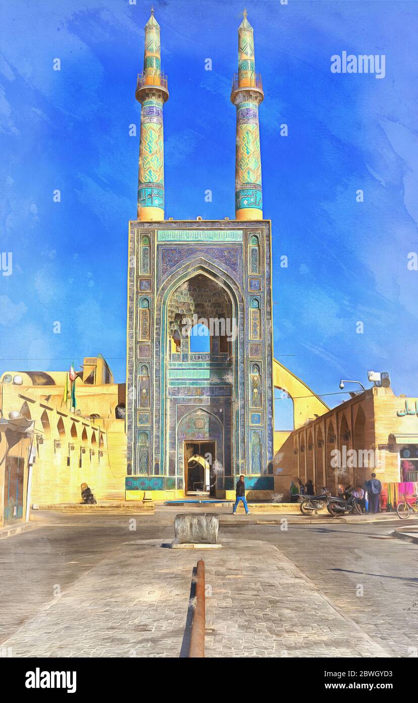 Jame Mosque colorful painting, Yazd, Yazd Province, Iran Stock Photo