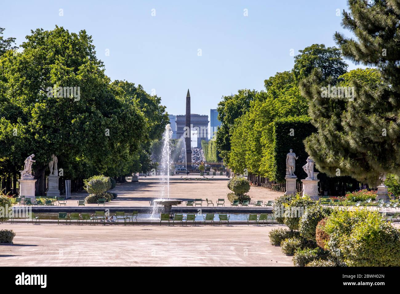 Paris, France - May 29, 2020: View of Place de la Concorde and Arc de Triomphe from Tuileries garden in Paris Stock Photo