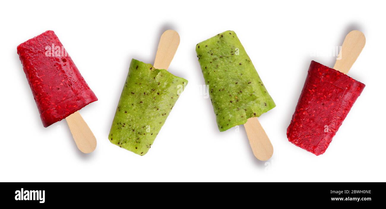 Pattern from raspberry and kiwi popsicle isolated on white background Stock Photo
