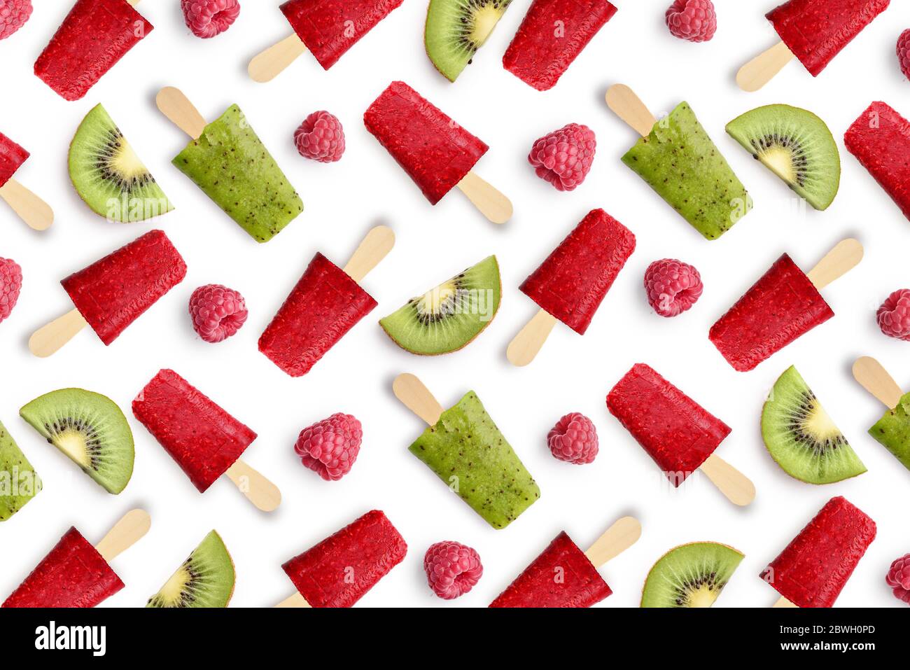 Pattern from raspberry and kiwi popsicle isolated on white background Stock Photo