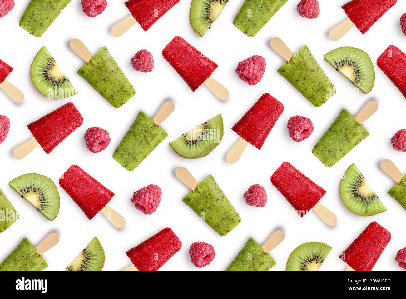 Pattern from raspberry and kiwi popsicle isolated on white background Stock Photo