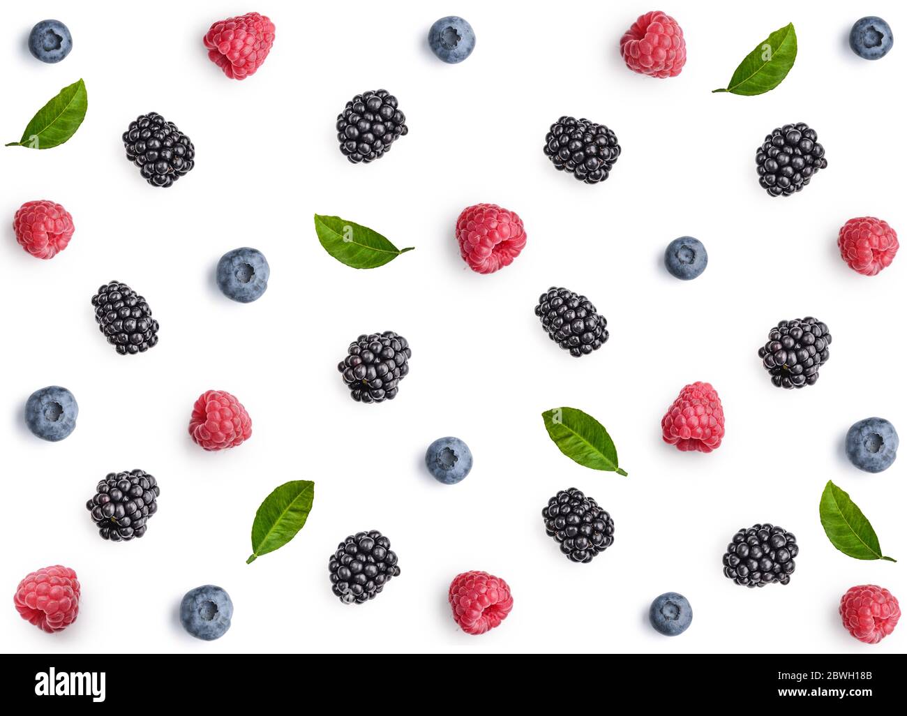 Raspberry, blackberry and blueberry isolated on white background,  top view, flat lay pattern. Stock Photo
