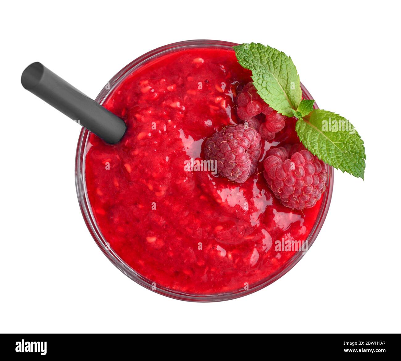 Fresh raspberry smoothie with drinking straw isolated on white background, top view Stock Photo