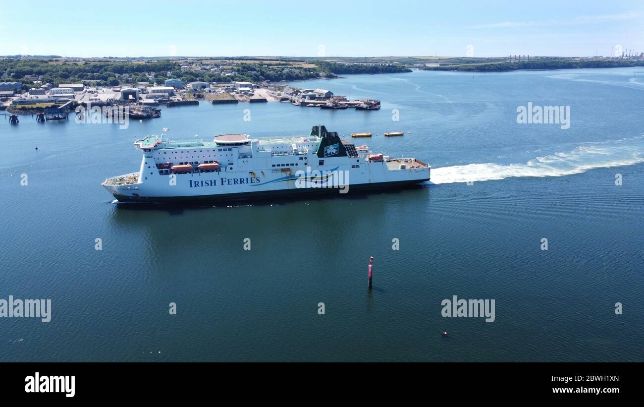 Aerial view of car Ferry arriving in Pembroke Dock Stock Photo