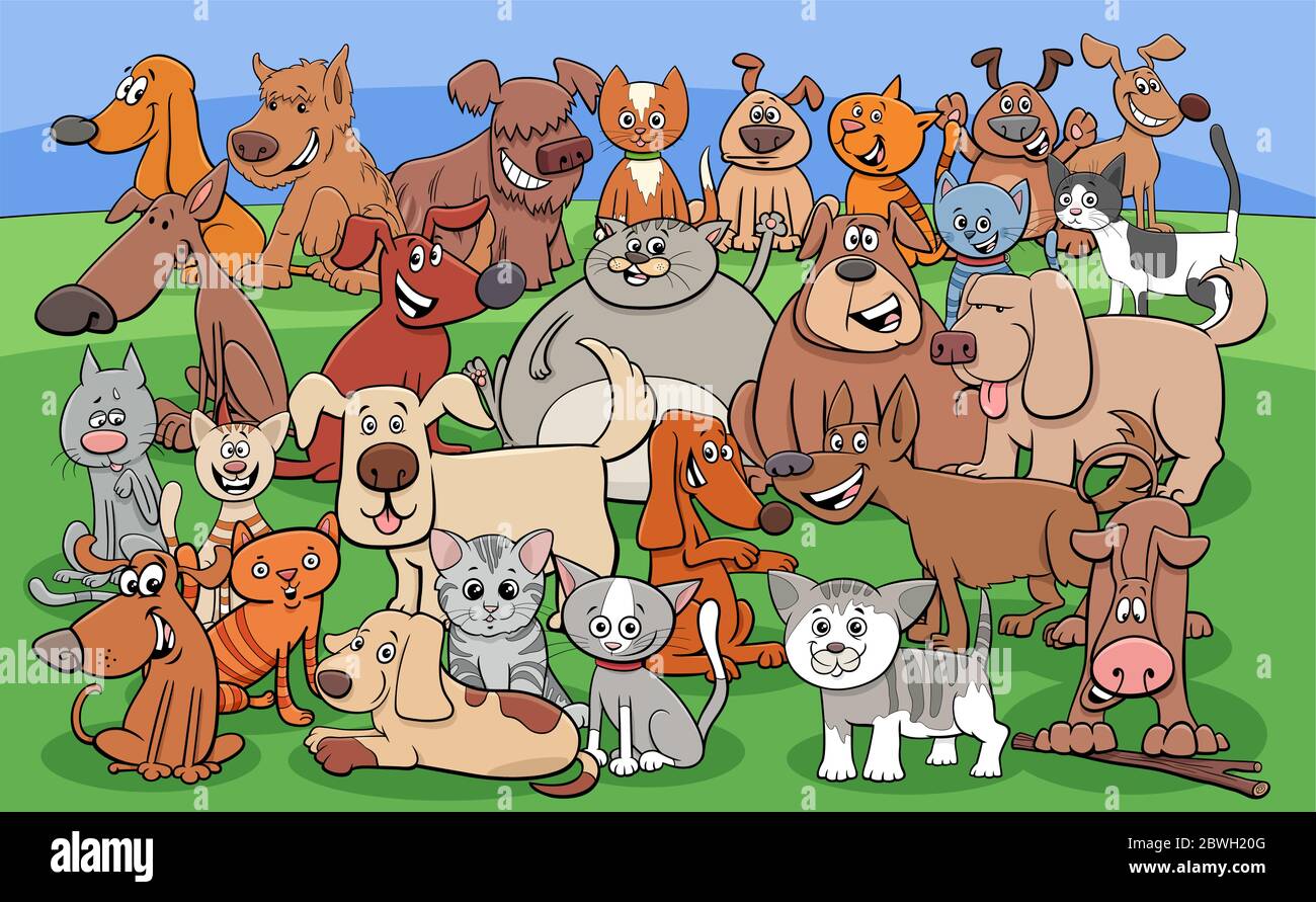 Cartoon Illustration of Cats and Dogs Animal Comic Characters Group Stock Vector