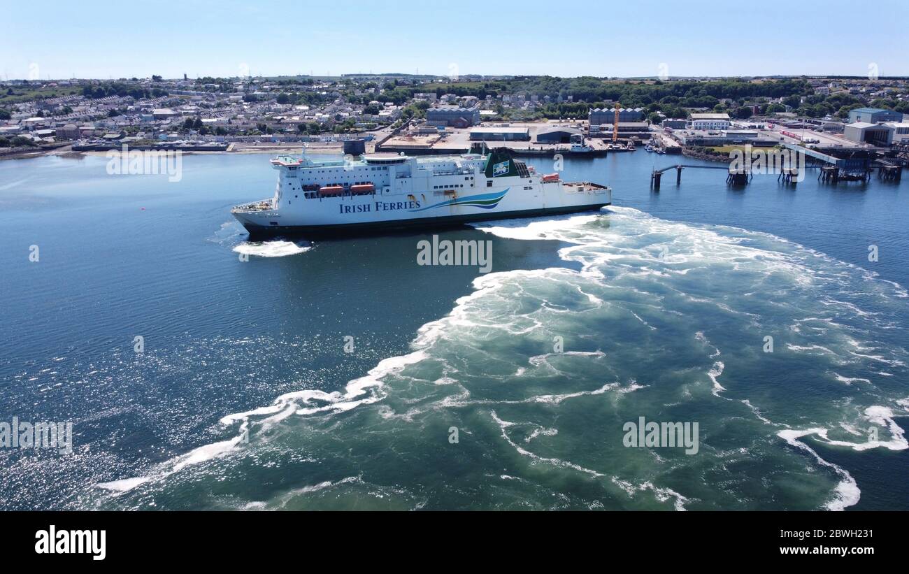Aerial view of car Ferry arriving in Pembroke Dock Stock Photo