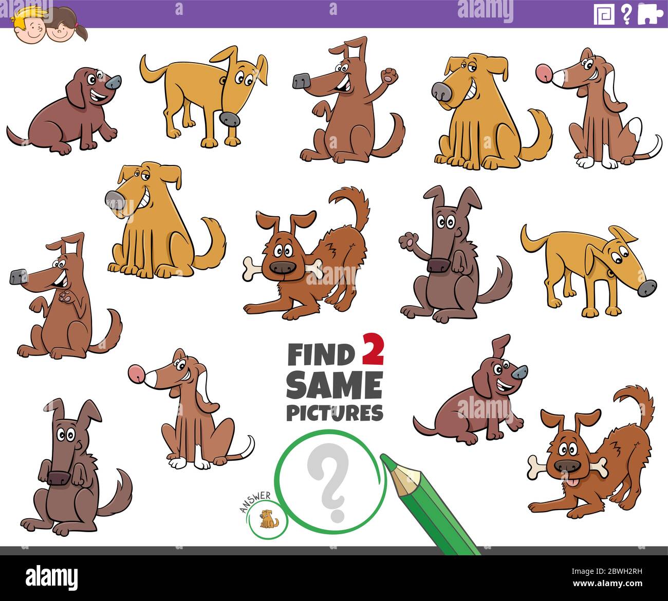 Cartoon Illustration of Finding Two Same Pictures Educational Task for ...