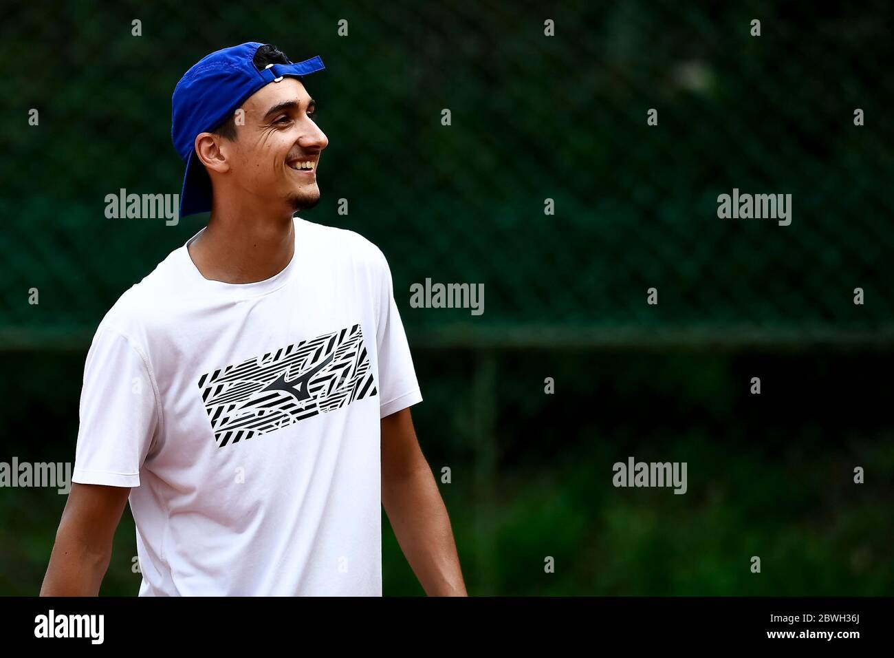 Turin, Italy - 01 June, 2020: Lorenzo Sonego, currently number 46 of ATP ranking, smiles during a tennis training. Athletes have started training again after the lockdown caused by COVID-19 coronavirus. Credit: Nicolò Campo/Alamy Live News Stock Photo